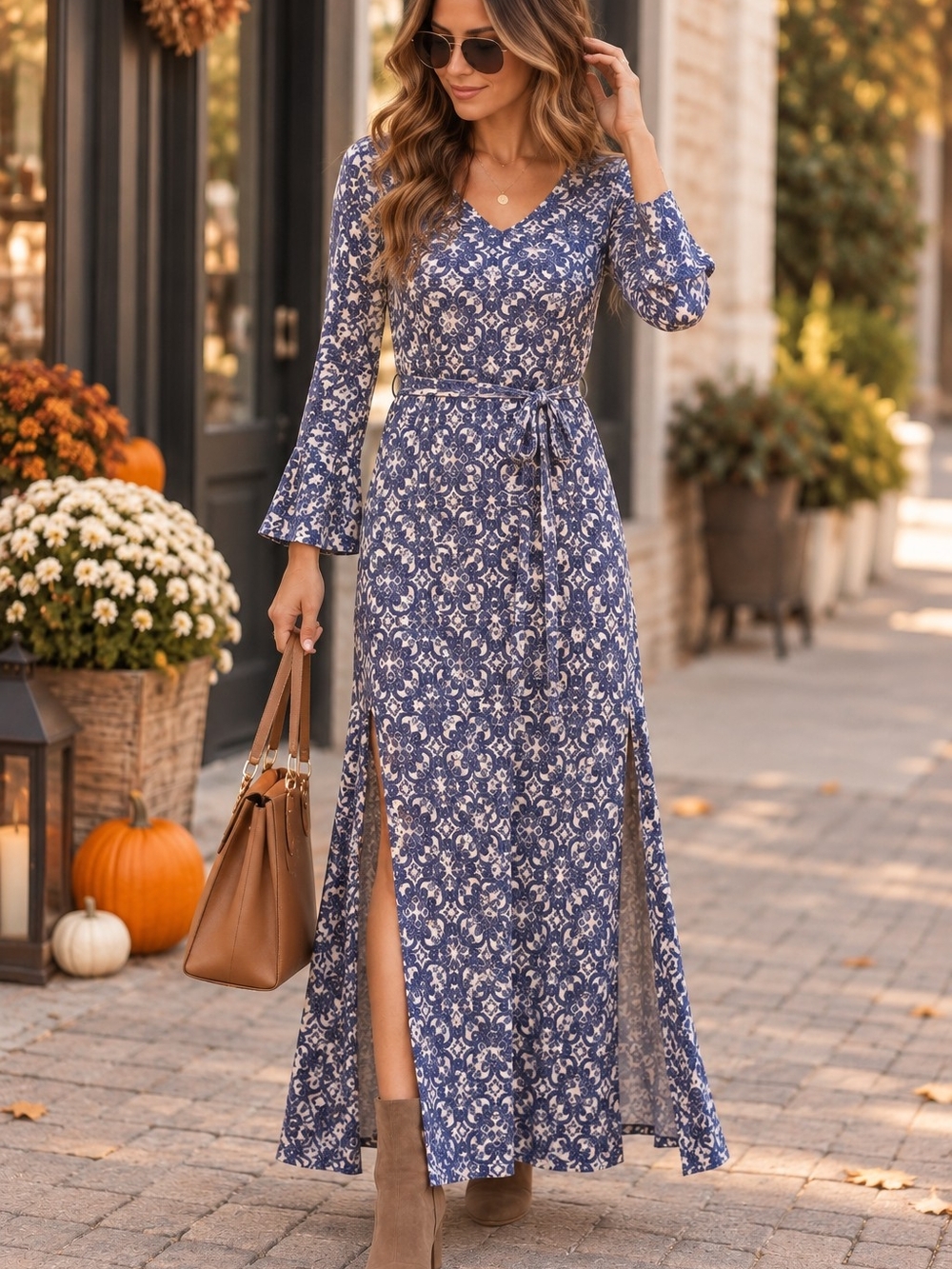 Lulus Blue & White Printed Bell Sleeve Side Slit Maxi Dress Size Small